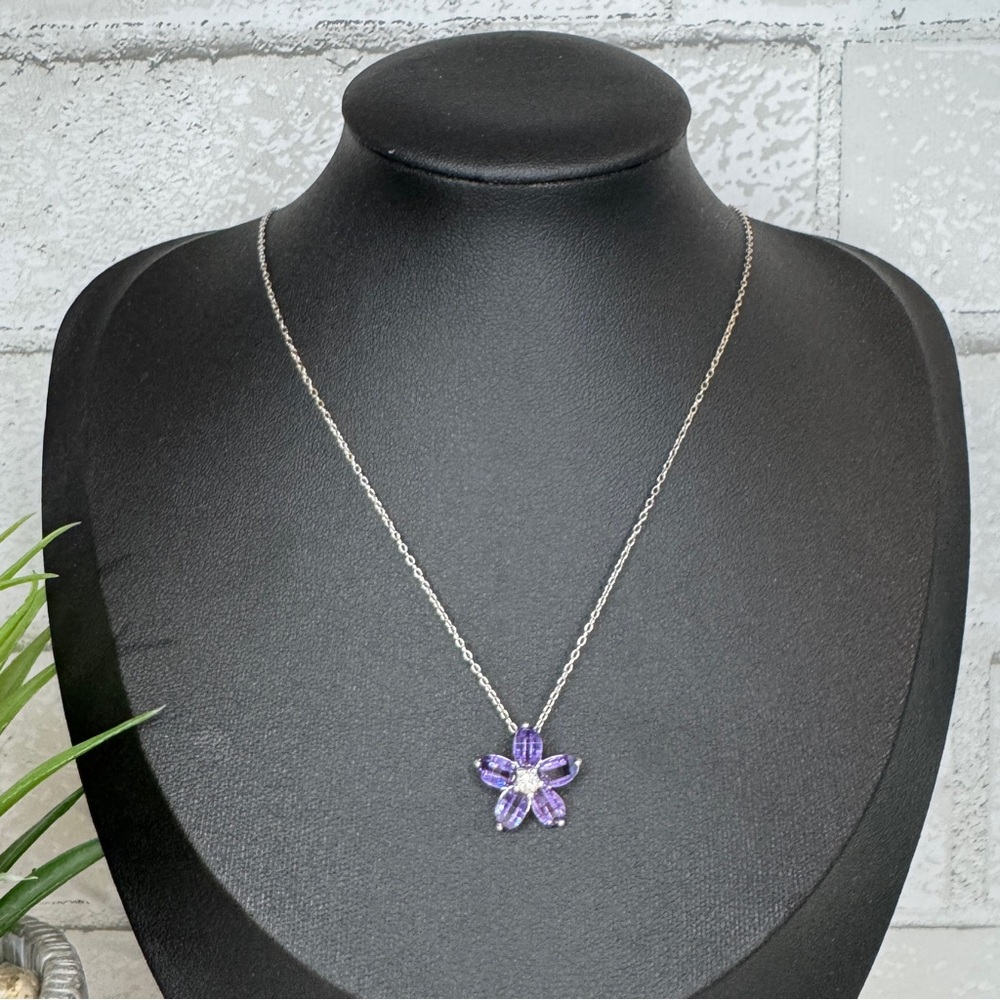 Vintage Y2K 925 Sterling Silver Amethyst Clear Crystal Flower Pendant Necklace